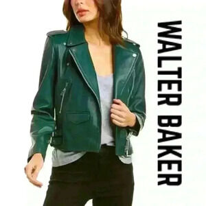 WALTER BAKER Green Lambskin Leather Moto Jacket